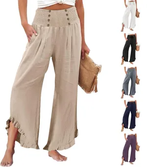 Women Linen Pants Summer Wide Leg Pants Smocked Waist Ruffle Hem Palazzo Pants Boho Flowy Beach Pants with Pocket