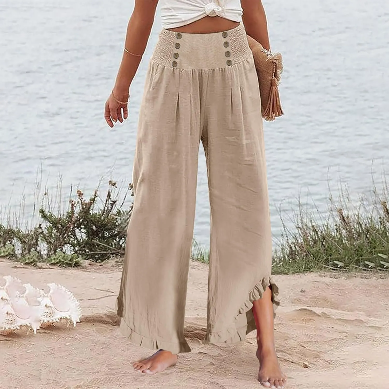 Women Linen Pants Summer Wide Leg Pants Smocked Waist Ruffle Hem Palazzo Pants Boho Flowy Beach Pants with Pocket
