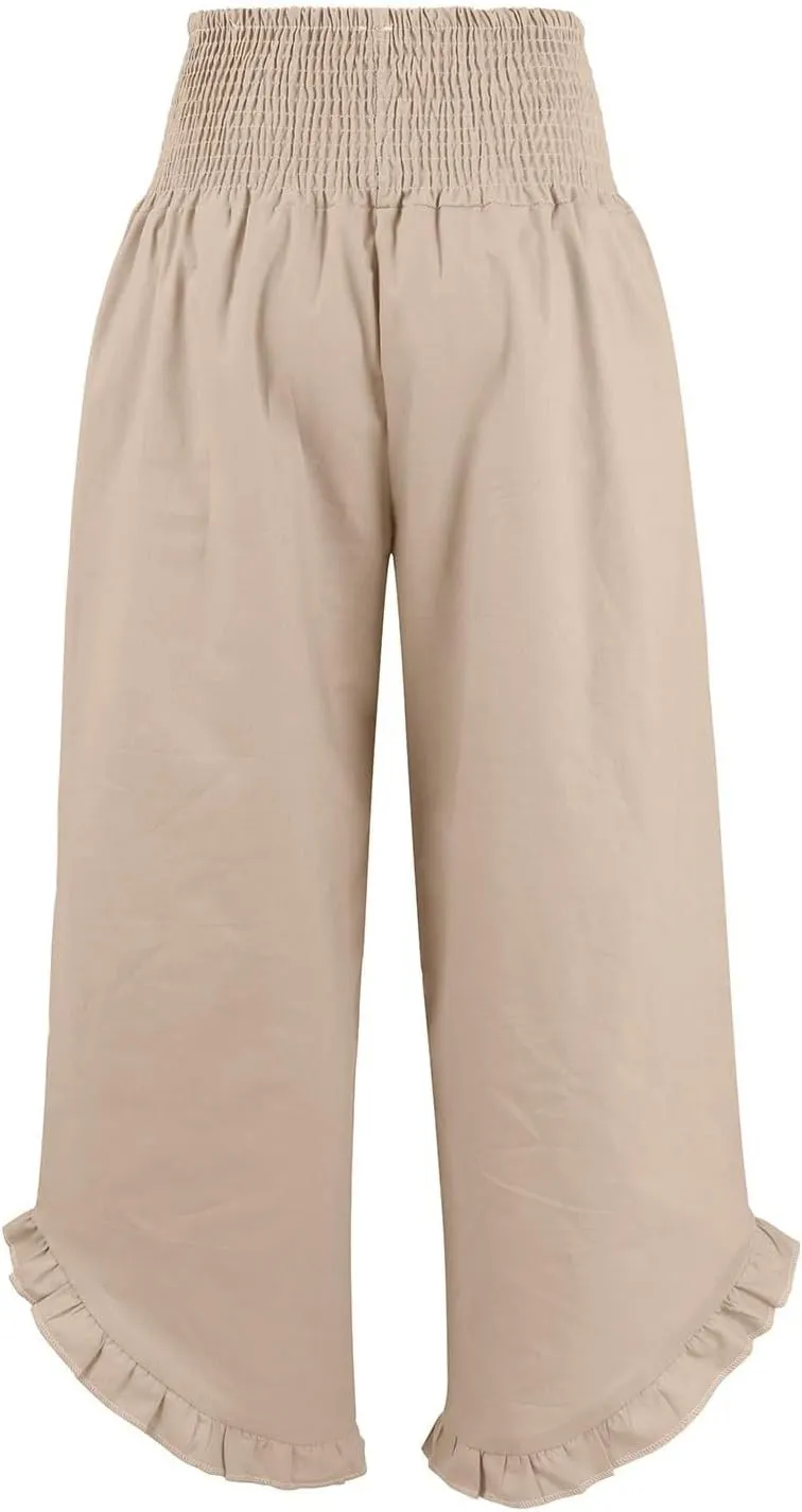 Women Linen Pants Summer Wide Leg Pants Smocked Waist Ruffle Hem Palazzo Pants Boho Flowy Beach Pants with Pocket