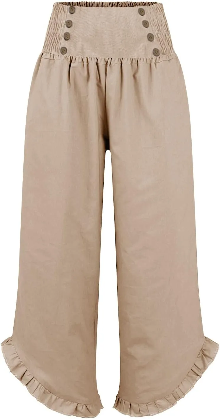 Women Linen Pants Summer Wide Leg Pants Smocked Waist Ruffle Hem Palazzo Pants Boho Flowy Beach Pants with Pocket