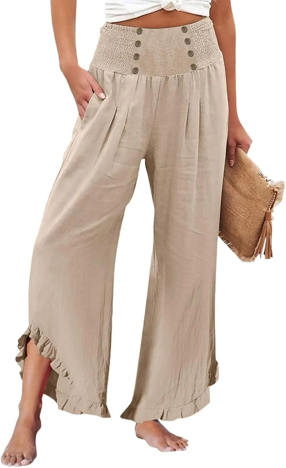 Women Linen Pants Summer Wide Leg Pants Smocked Waist Ruffle Hem Palazzo Pants Boho Flowy Beach Pants with Pocket