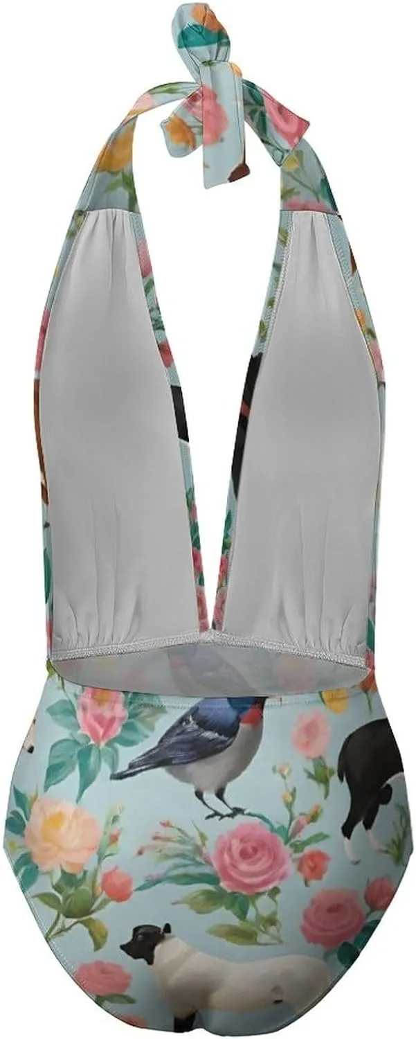 Women One Piece Swimsuits Monokini V Neck Backness Swimming Suit Beachwear