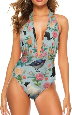 Women One Piece Swimsuits Monokini V Neck Backness Swimming Suit Beachwear
