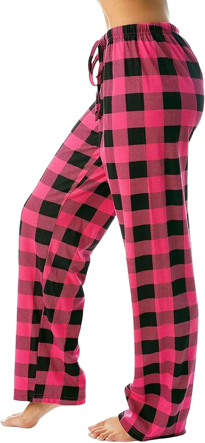 Women Pajama Pants Sleepwear Buffalo Plaid Pajamas Jersey Sleep Pants Stretch Bottoms Drawstring Straight Leg Trousers