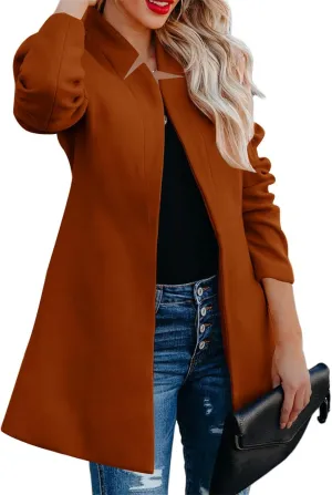 Women Pea Coat Stand Collar Slim Fit Coat Long Sleeve Mid Length Trench Coat Open Front Wool Blend Cardigan Overwear