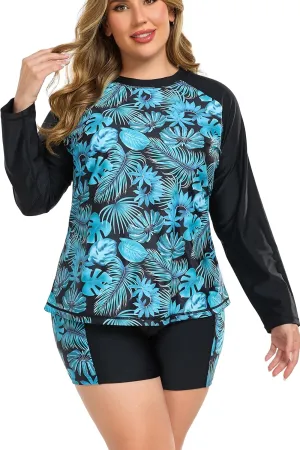Women Plus Size Two Piece Long Sleeve Rash Guard Sets Built in Bra Swim Shirt Top and Shorts with Pockets UPF50 