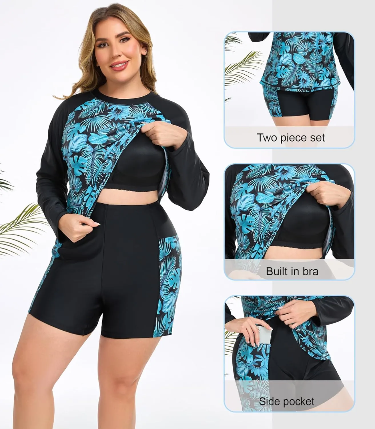 Women Plus Size Two Piece Long Sleeve Rash Guard Sets Built in Bra Swim Shirt Top and Shorts with Pockets UPF50 