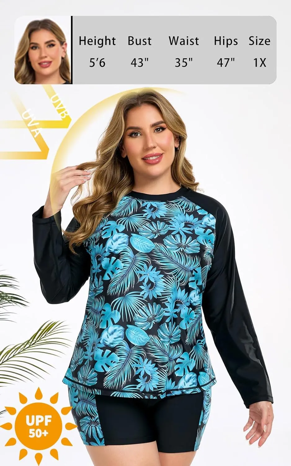 Women Plus Size Two Piece Long Sleeve Rash Guard Sets Built in Bra Swim Shirt Top and Shorts with Pockets UPF50 