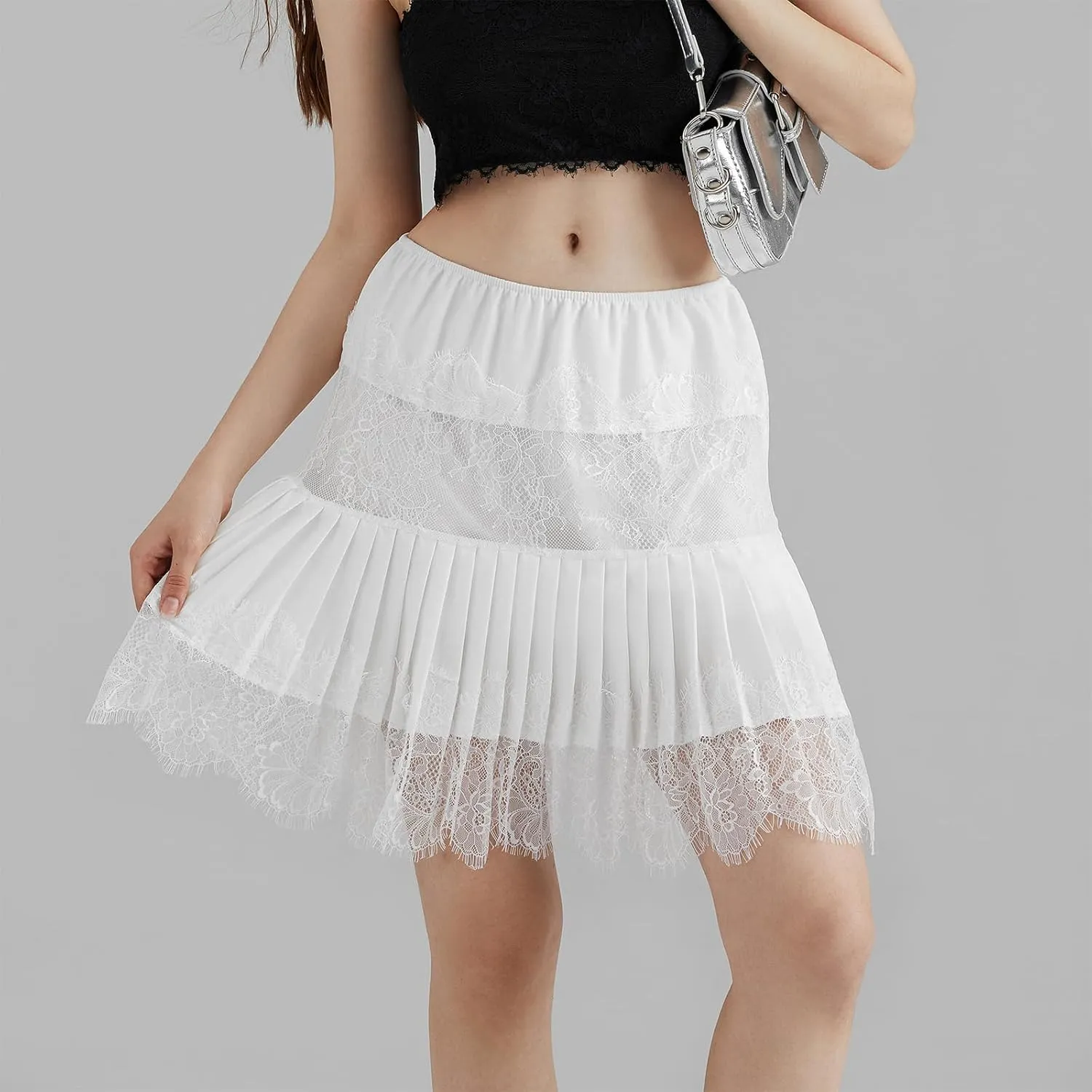 Women Y2k Lace Mini Skirts Low Rise Pleated Ruffle Trim Half Lace Slip Skirt Fairy Mesh Layered Flowy Short Skirts Underskirt