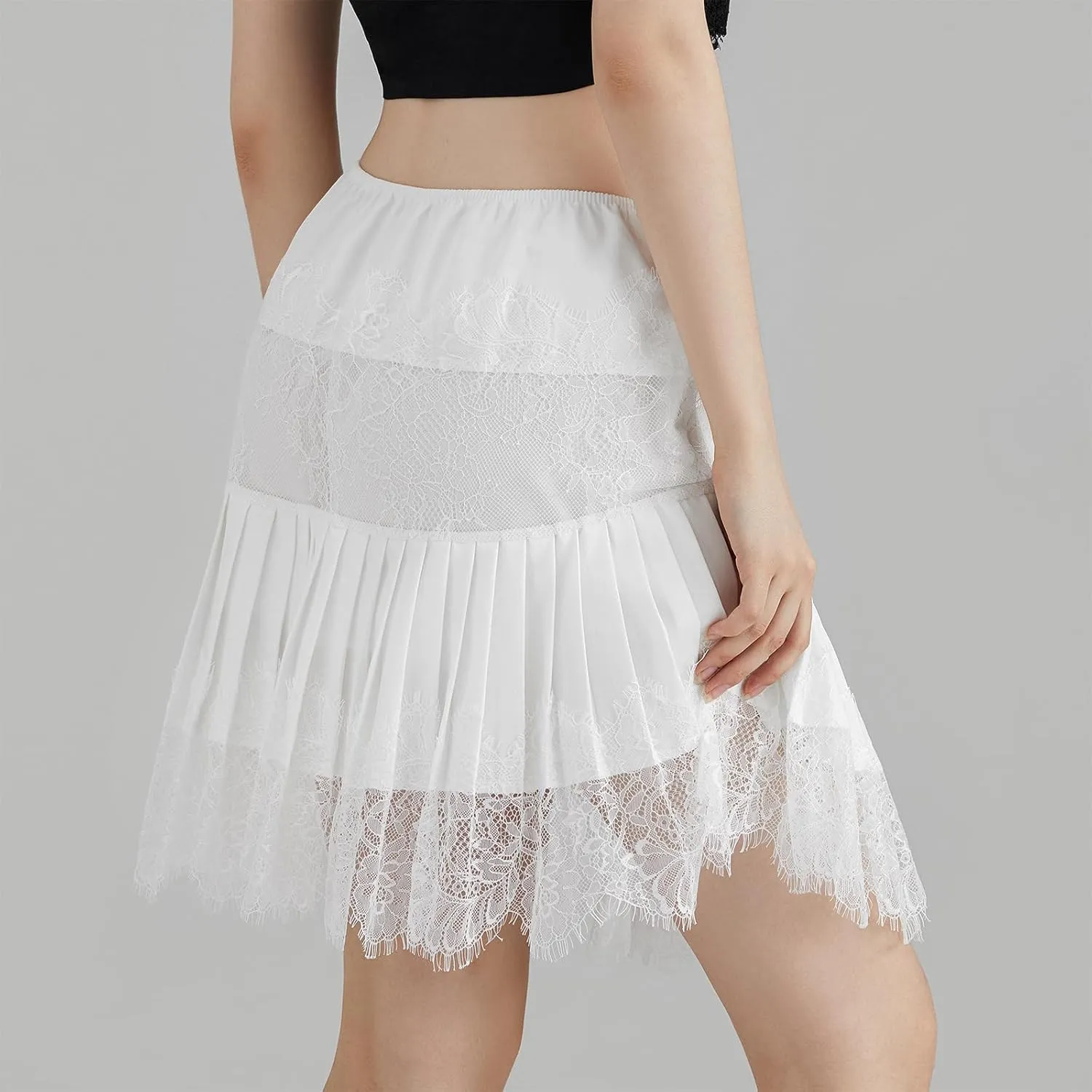 Women Y2k Lace Mini Skirts Low Rise Pleated Ruffle Trim Half Lace Slip Skirt Fairy Mesh Layered Flowy Short Skirts Underskirt