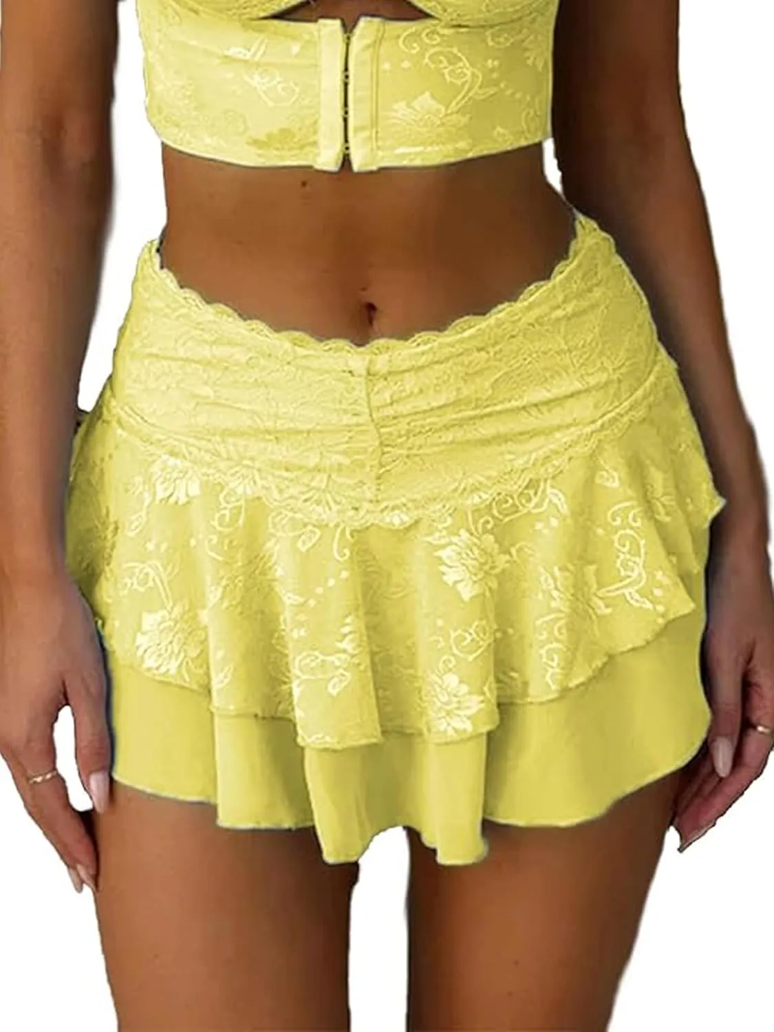 Women Y2k Lace Ruffle Pleated Mini Skirt Sexy Club Low Rise Layered Ruffled Hem Pleated A Line Short Skirt