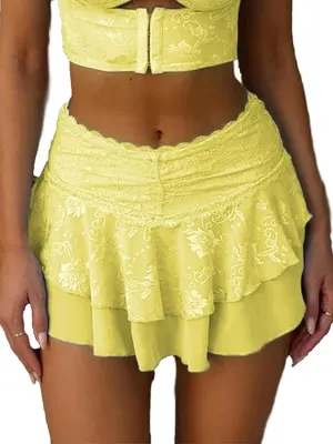 Women Y2k Lace Ruffle Pleated Mini Skirt Sexy Club Low Rise Layered Ruffled Hem Pleated A Line Short Skirt