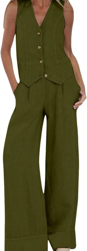 Womens 2 Piece Sets Summer Button Down Vest and Wide Leg Pants Suits Linen Business Casual Outfits V Neck Blazer Sets