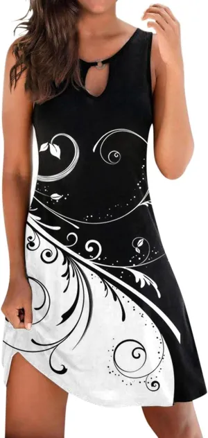 Womens 2023 Summer Tank Dress Sleeveless Keyhole Hollow Round Neck Boho Printed Hem Swing Short Mini Sundress Casual Loose