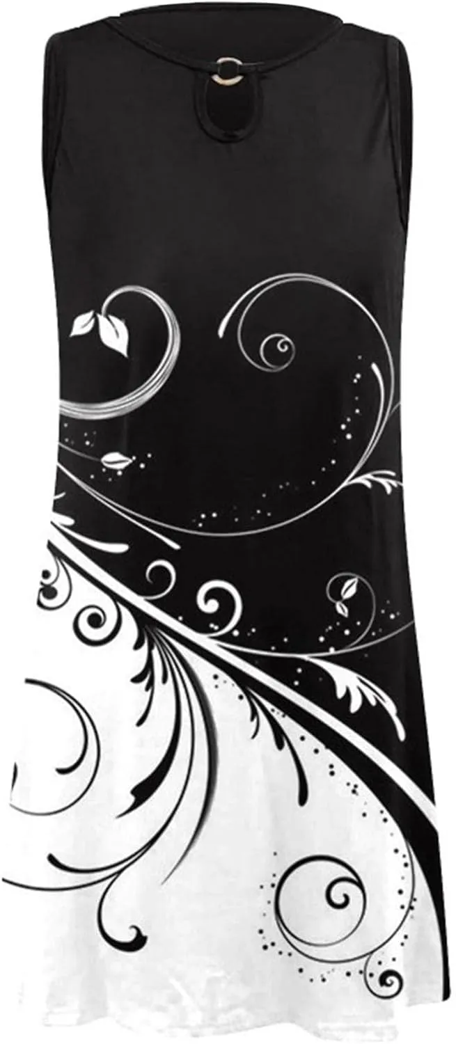 Womens 2023 Summer Tank Dress Sleeveless Keyhole Hollow Round Neck Boho Printed Hem Swing Short Mini Sundress Casual Loose