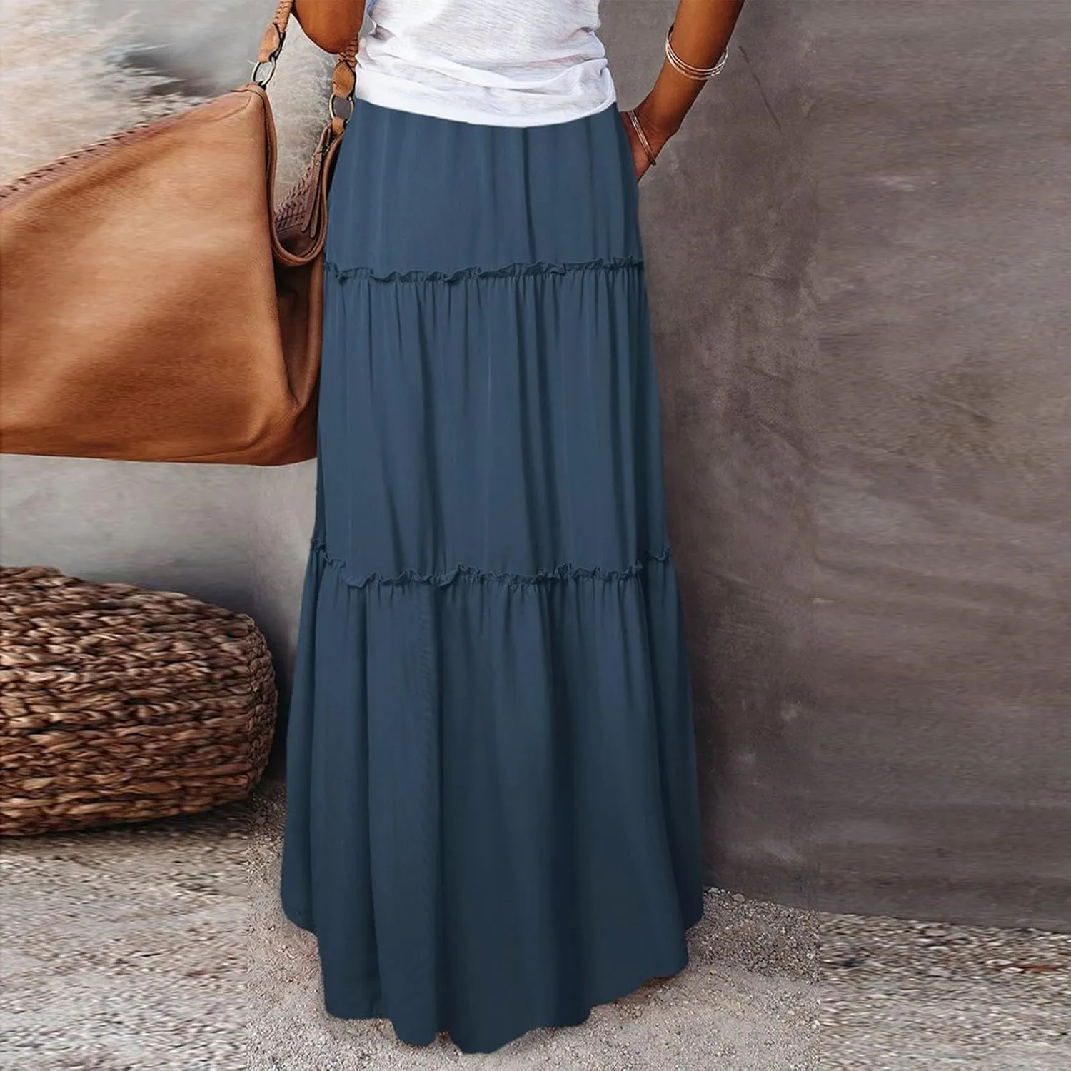 Womens 2025 Summer Long Maxi Skirt Loose Trendy Pleated Tie Knot Elastic High Waisted Flowy Casual A Line Skirts