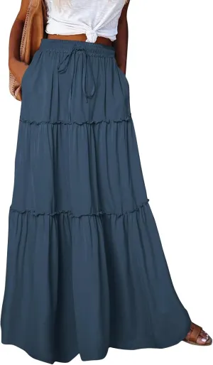 Womens 2025 Summer Long Maxi Skirt Loose Trendy Pleated Tie Knot Elastic High Waisted Flowy Casual A Line Skirts