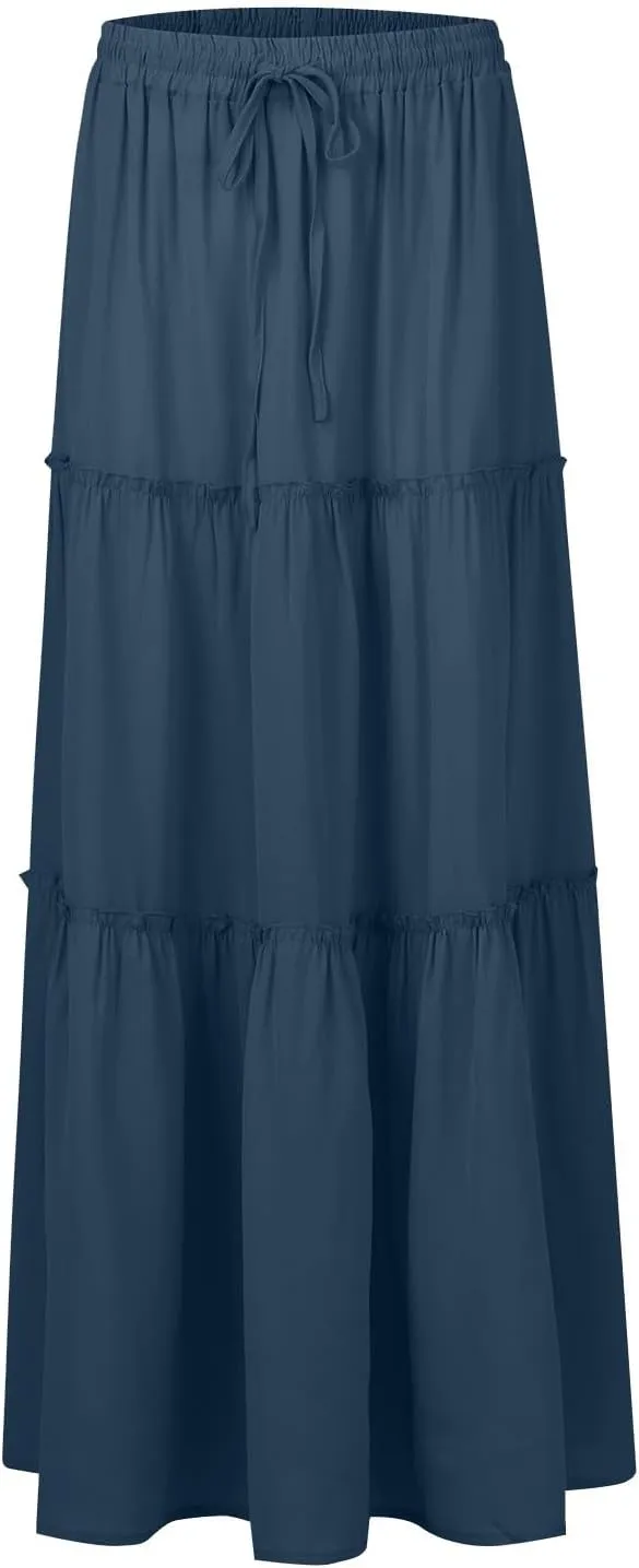 Womens 2025 Summer Long Maxi Skirt Loose Trendy Pleated Tie Knot Elastic High Waisted Flowy Casual A Line Skirts