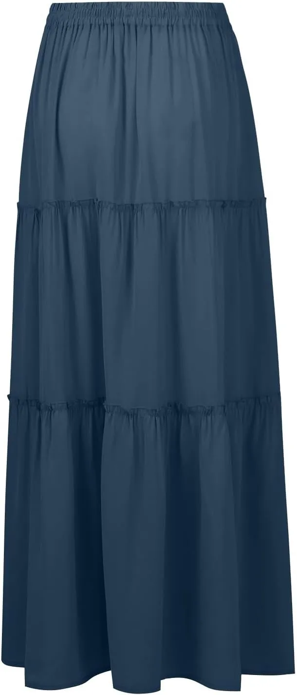 Womens 2025 Summer Long Maxi Skirt Loose Trendy Pleated Tie Knot Elastic High Waisted Flowy Casual A Line Skirts