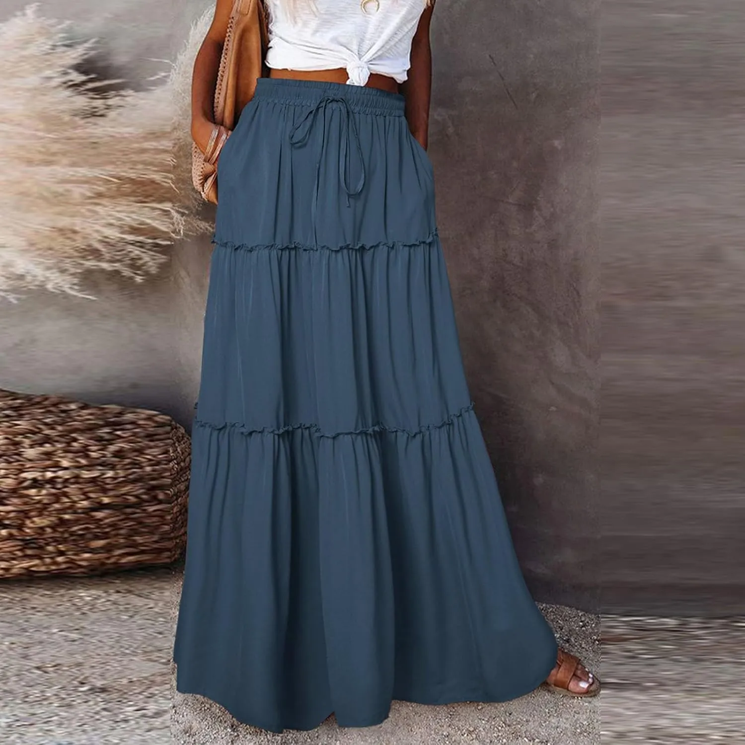 Womens 2025 Summer Long Maxi Skirt Loose Trendy Pleated Tie Knot Elastic High Waisted Flowy Casual A Line Skirts
