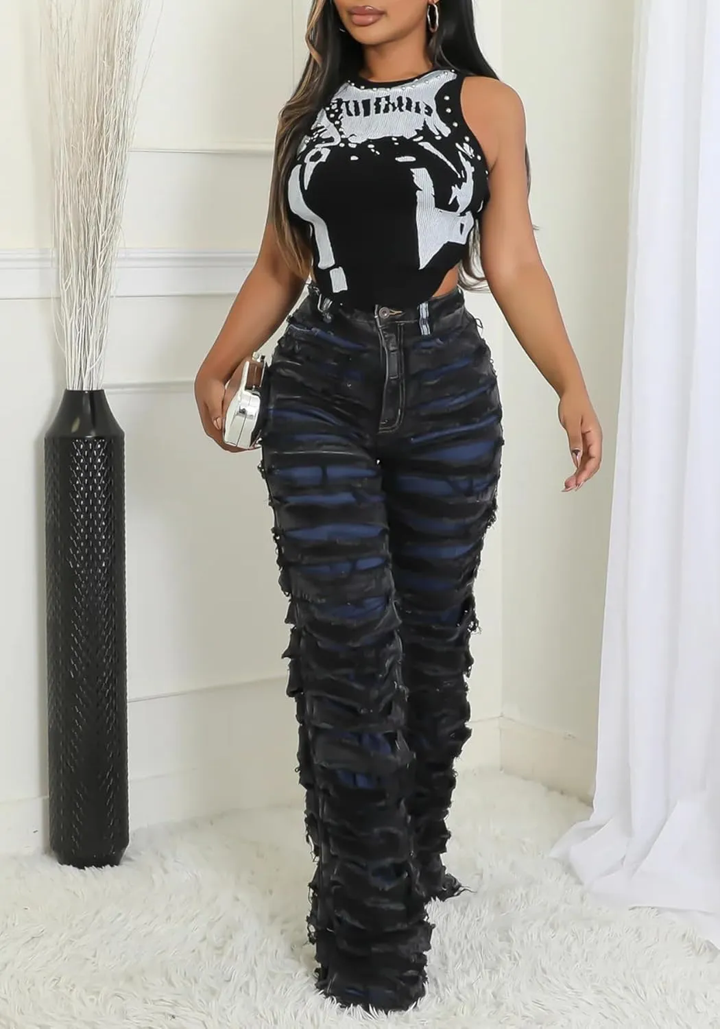 Women's Baggy Ripped Jeans High Waisted Straight Leg Distressed Cut Out Stacked Tassels Stretch Denim Pants