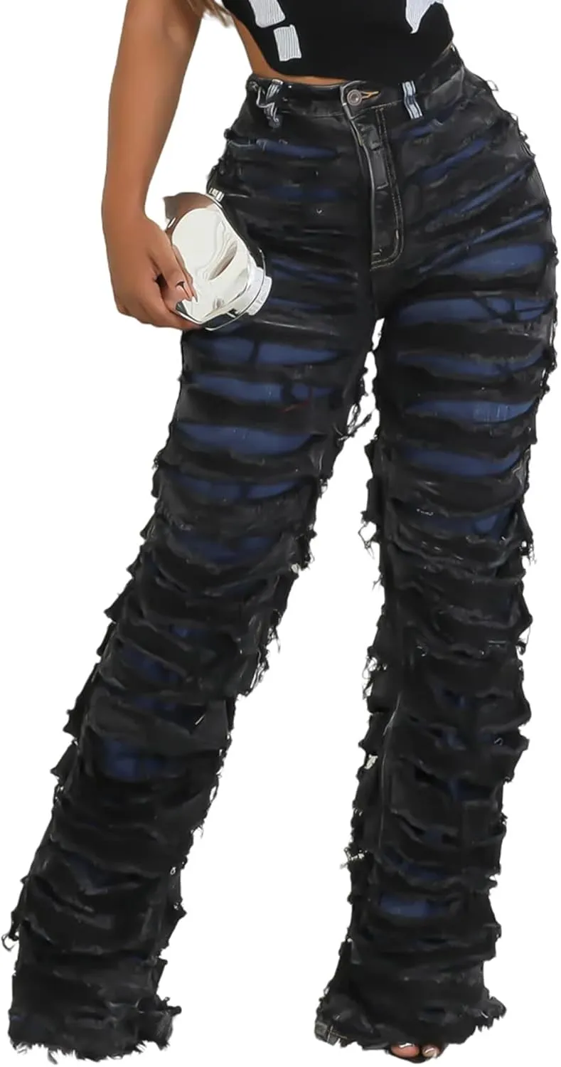 Women's Baggy Ripped Jeans High Waisted Straight Leg Distressed Cut Out Stacked Tassels Stretch Denim Pants