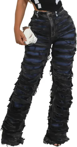 Women's Baggy Ripped Jeans High Waisted Straight Leg Distressed Cut Out Stacked Tassels Stretch Denim Pants