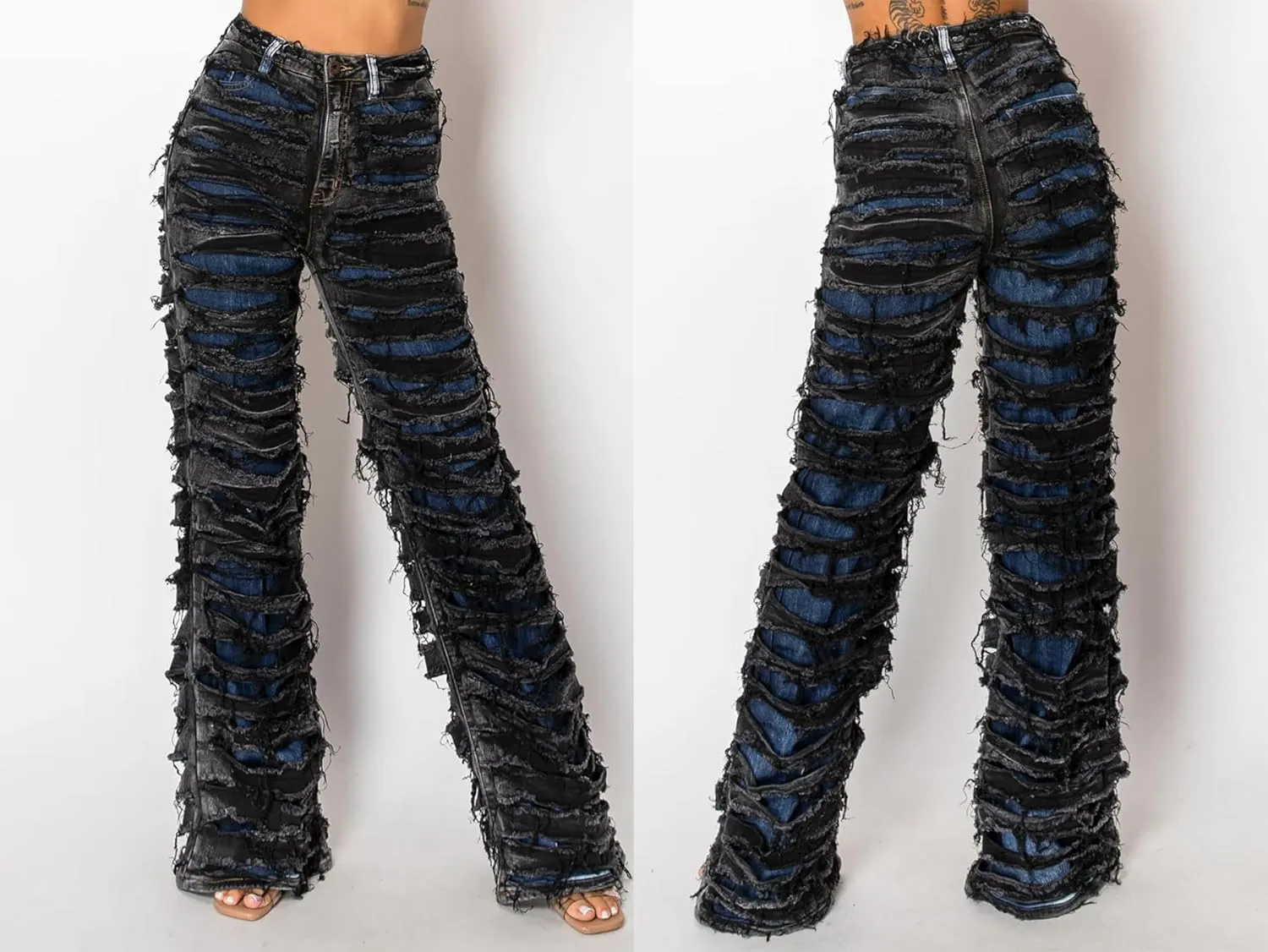 Women's Baggy Ripped Jeans High Waisted Straight Leg Distressed Cut Out Stacked Tassels Stretch Denim Pants