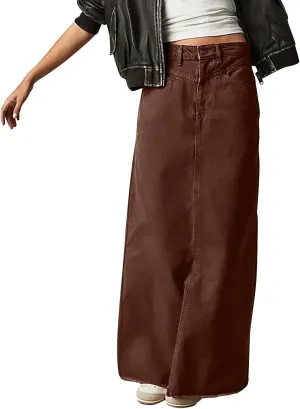 Women's Boho Skirts Summer Casual Loose Trendy Elastic Waist Solid Color Sun Beach Long Maxi Denim Skirt, S-XL