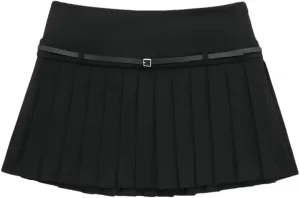 Women's Box Pleated Mini Skirts for Black Mid Rise Skirts Belt Office Short Skirts Streetwear Skirt Skort