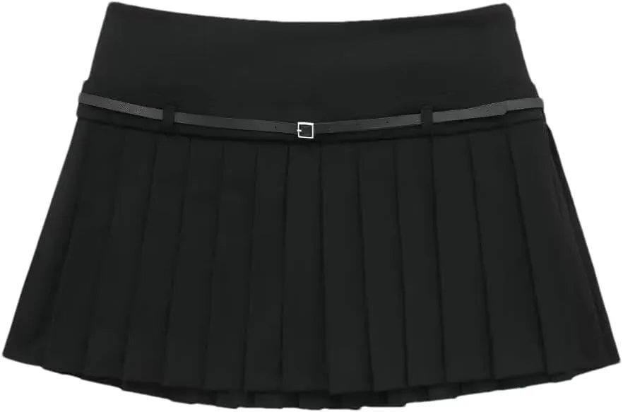 Women's Box Pleated Mini Skirts for Black Mid Rise Skirts Belt Office Short Skirts Streetwear Skirt Skort