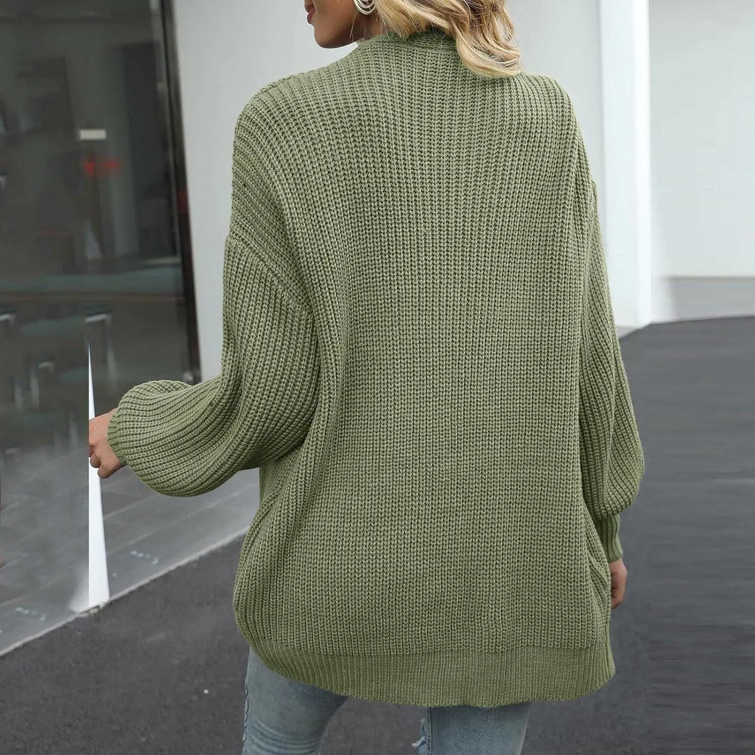 Women's Cardigan Open Front Long Lantern Sleeve Sweater Coats Fall 2024 Oversized Chunky Knit Outwear with Pockets