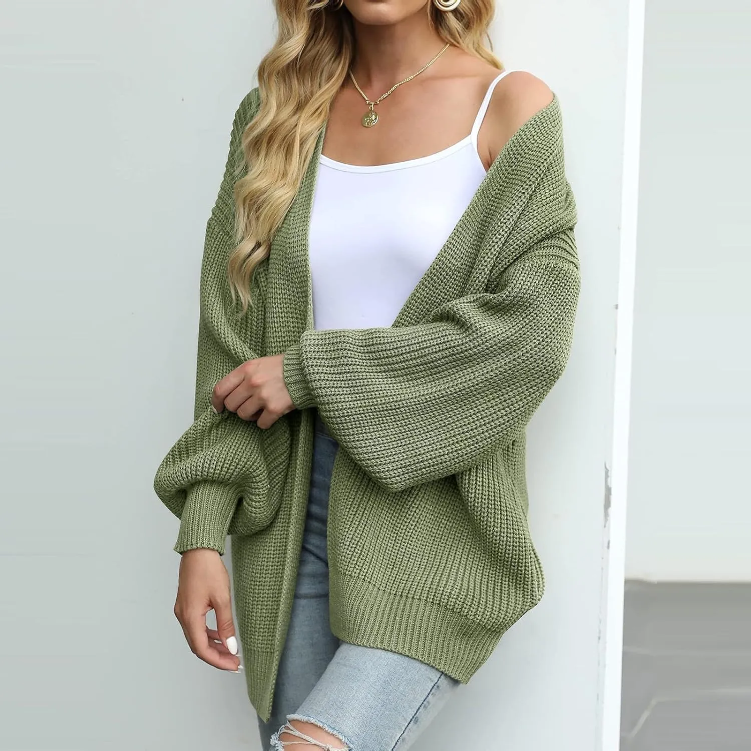 Women's Cardigan Open Front Long Lantern Sleeve Sweater Coats Fall 2024 Oversized Chunky Knit Outwear with Pockets