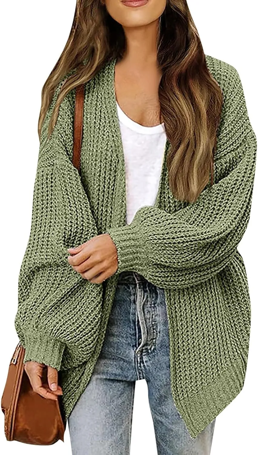 Women's Cardigan Open Front Long Lantern Sleeve Sweater Coats Fall 2024 Oversized Chunky Knit Outwear with Pockets