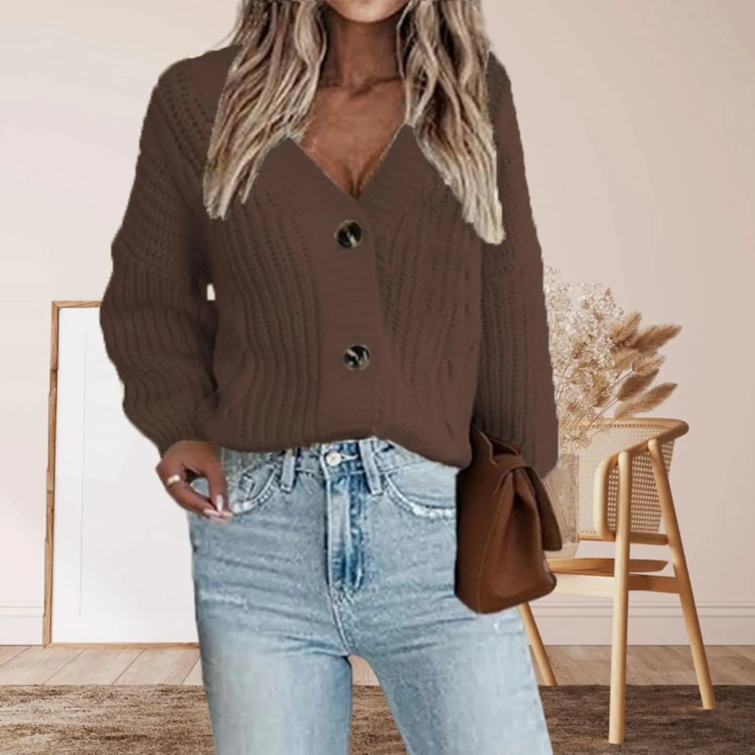 Women's Cardigan Sweater 2024 Fall Winter Casual Long Sleeve Open Front Cardigans Button Down Knit Chunky Outwear Coats