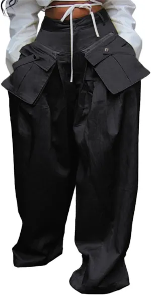 Women's Cargo Pants High Waisted Satin Flowy Pants Wide Leg Casual Pants
