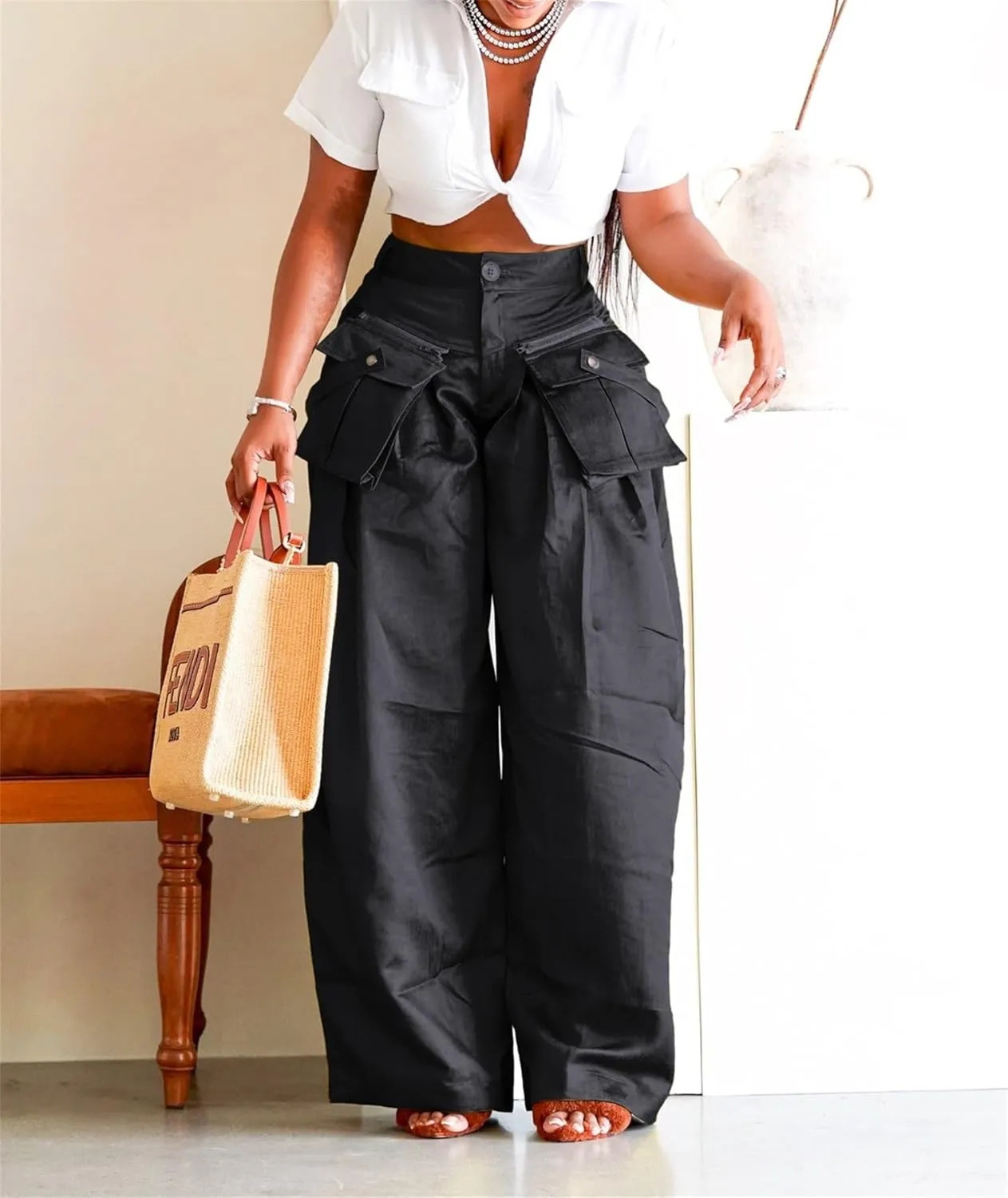 Women's Cargo Pants High Waisted Satin Flowy Pants Wide Leg Casual Pants