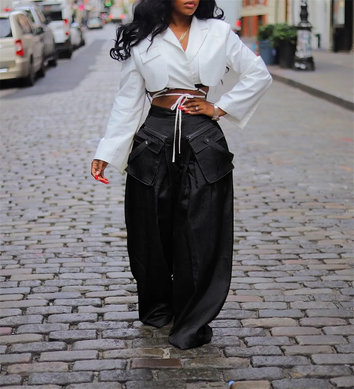 Women's Cargo Pants High Waisted Satin Flowy Pants Wide Leg Casual Pants