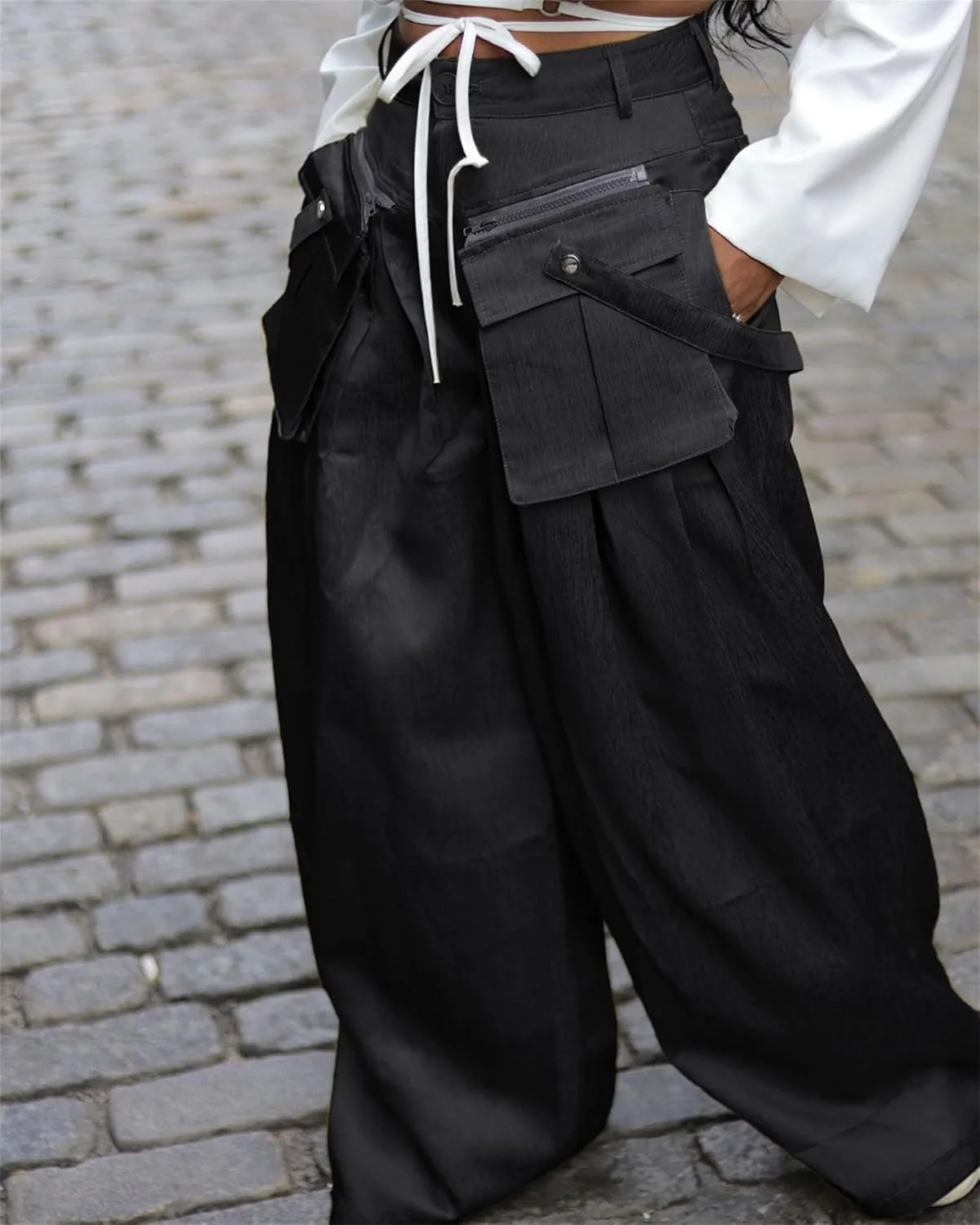 Women's Cargo Pants High Waisted Satin Flowy Pants Wide Leg Casual Pants