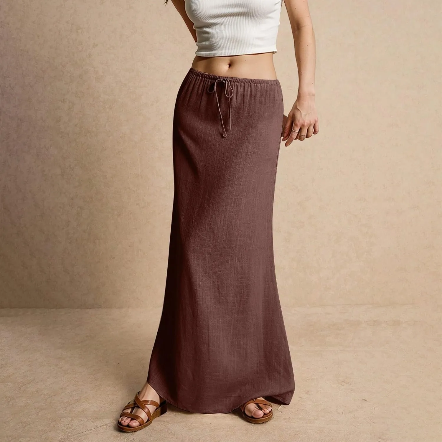 Womens Casual Skirts Drawstring Waist Boho Maxi Slim Low Rise Cotton Linen A Line Cute Plus Size Flowy Skirt