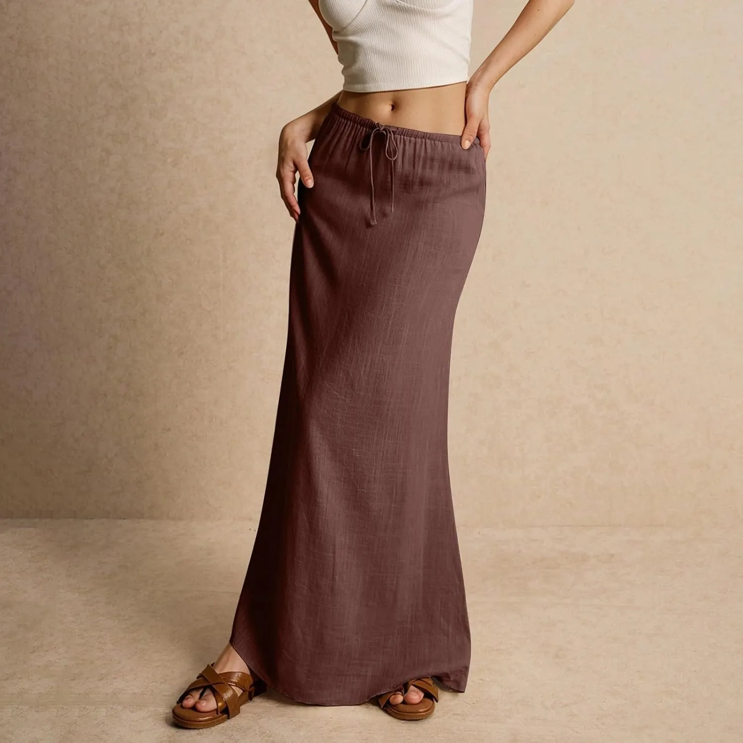 Womens Casual Skirts Drawstring Waist Boho Maxi Slim Low Rise Cotton Linen A Line Cute Plus Size Flowy Skirt