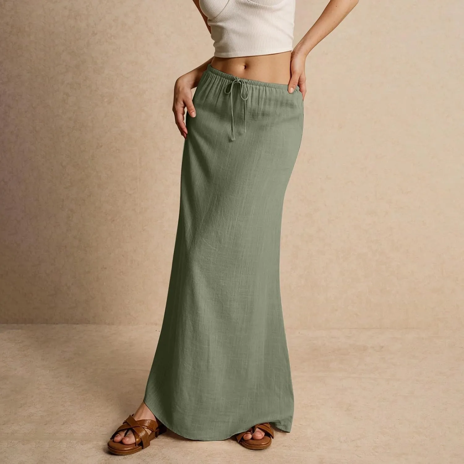 Womens Casual Skirts Drawstring Waist Boho Maxi Slim Low Rise Cotton Linen A Line Cute Plus Size Flowy Skirt