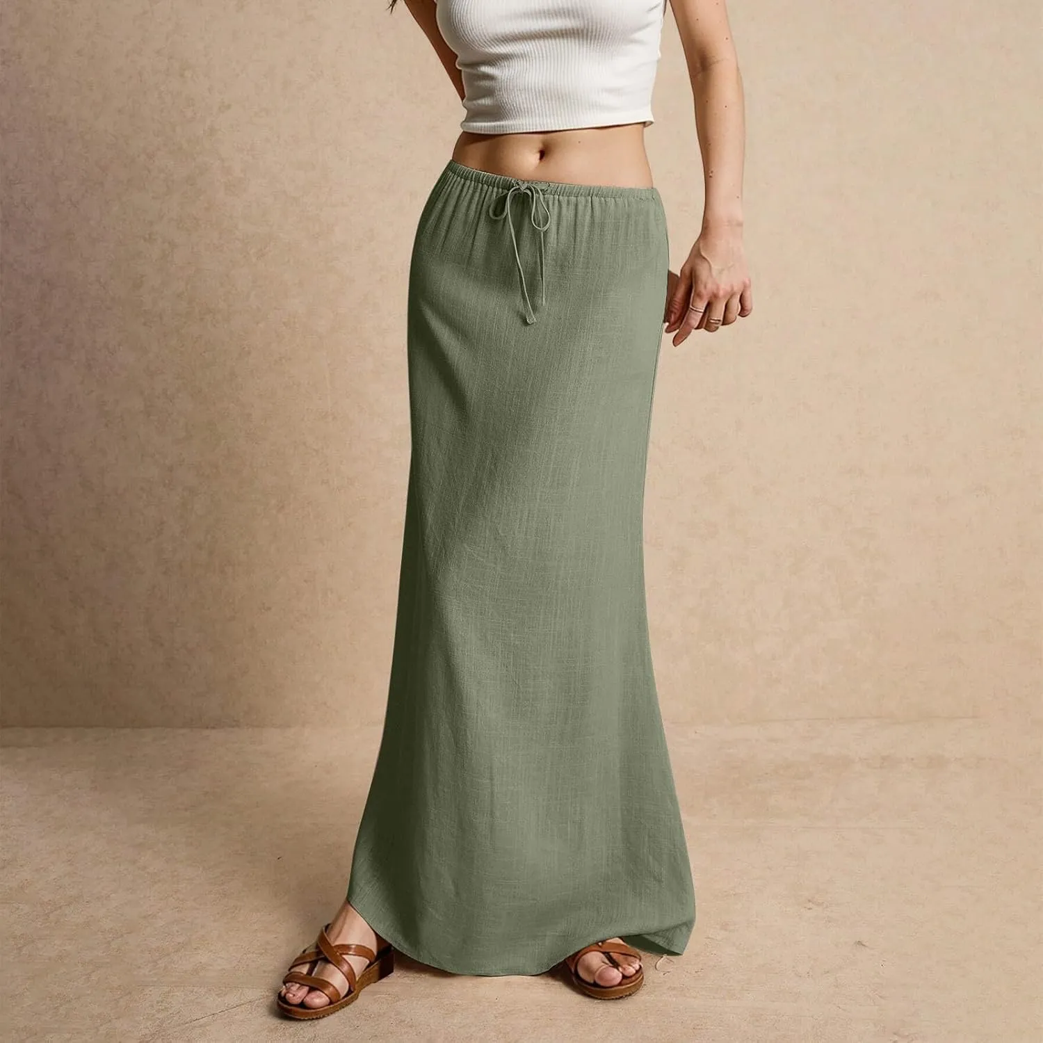 Womens Casual Skirts Drawstring Waist Boho Maxi Slim Low Rise Cotton Linen A Line Cute Plus Size Flowy Skirt