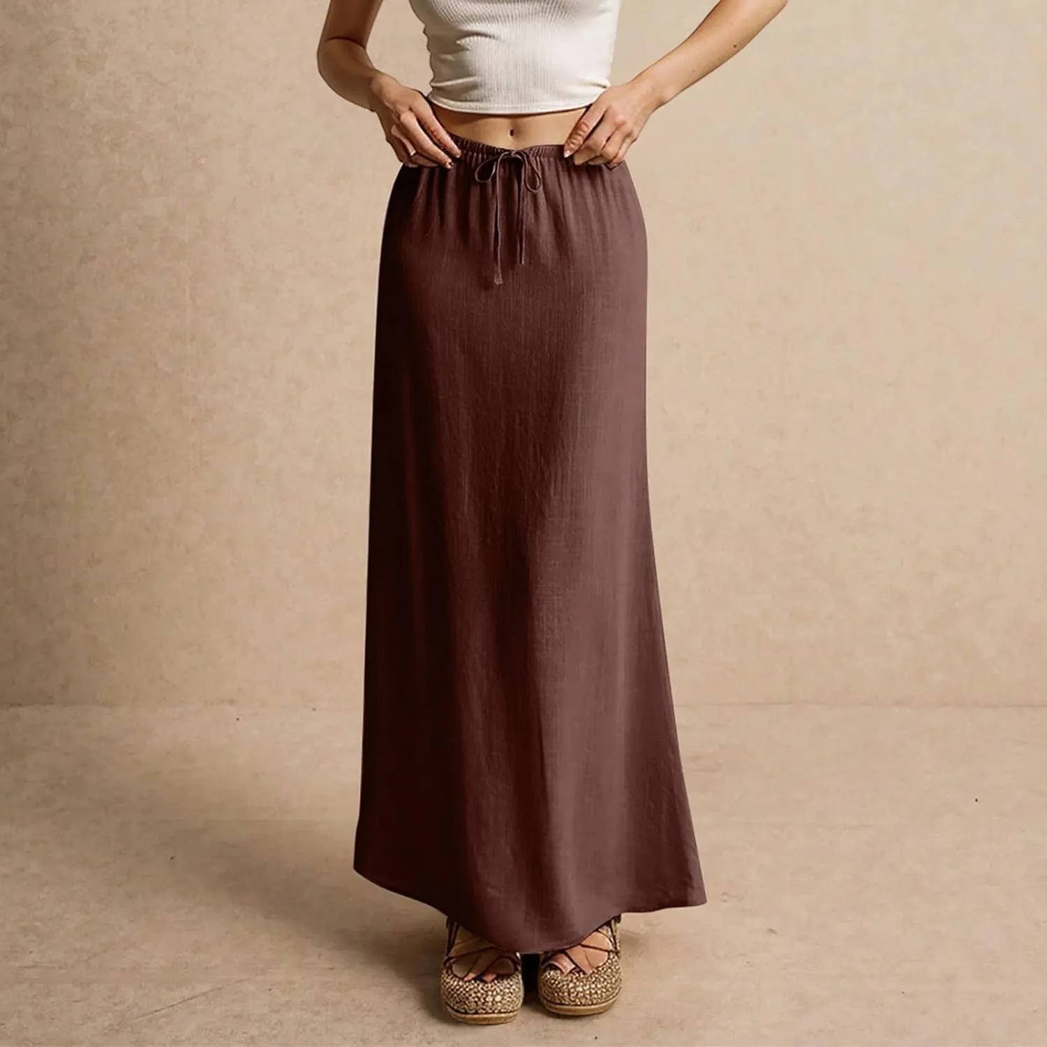 Womens Casual Skirts Drawstring Waist Boho Maxi Slim Low Rise Cotton Linen A Line Cute Plus Size Flowy Skirt