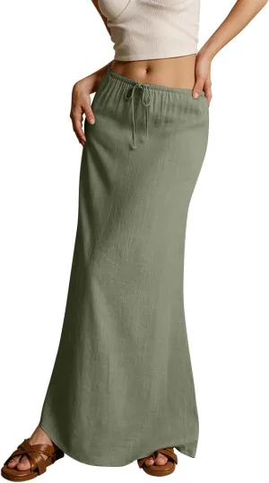 Womens Casual Skirts Drawstring Waist Boho Maxi Slim Low Rise Cotton Linen A Line Cute Plus Size Flowy Skirt