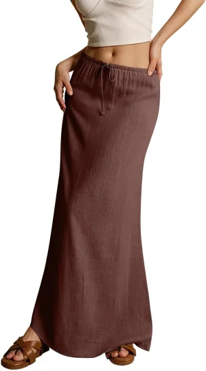 Womens Casual Skirts Drawstring Waist Boho Maxi Slim Low Rise Cotton Linen A Line Cute Plus Size Flowy Skirt