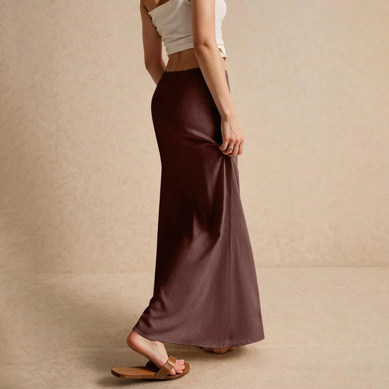 Womens Casual Skirts Drawstring Waist Boho Maxi Slim Low Rise Cotton Linen A Line Cute Plus Size Flowy Skirt