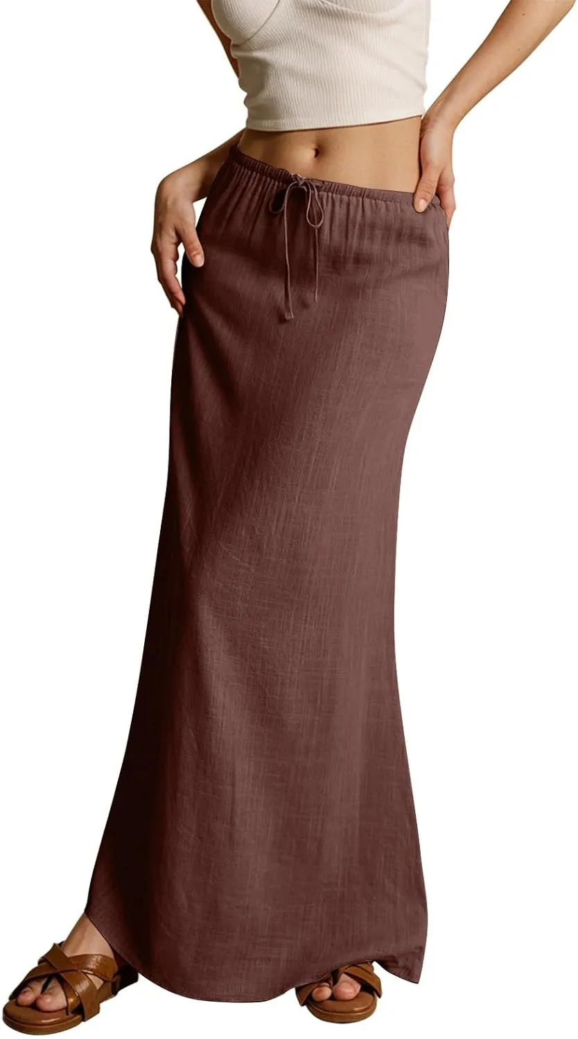 Womens Casual Skirts Drawstring Waist Boho Maxi Slim Low Rise Cotton Linen A Line Cute Plus Size Flowy Skirt