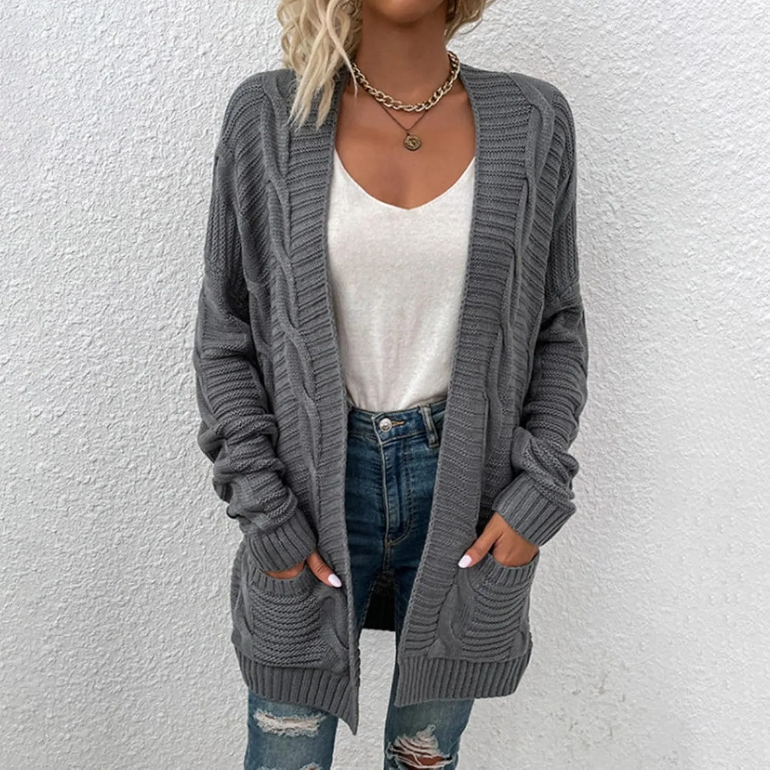 Womens Chunky Sweater Open Front Cardigans Baggy Lightweight Cable Knit Long Cardigan Sweaters Trendy Outwear Coats