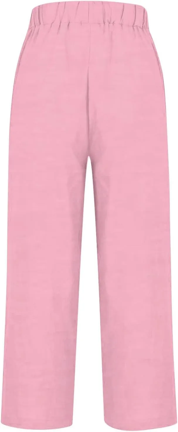 Womens Cropped Linen Pants Summer Elastic Waist Straight Leg Oversized Crop Pants Casual Trousers with Pockets